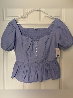 Lucky Brand Blue Pinstripe Puff-Sleeve Peplum Blouse NWT